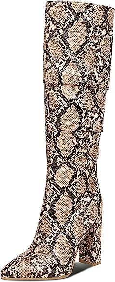 WETKISS Womens Knee High Colorful Snakeskin Boots Mid-Calf Snake Print Booties High Heels Pointed To | Amazon (US)