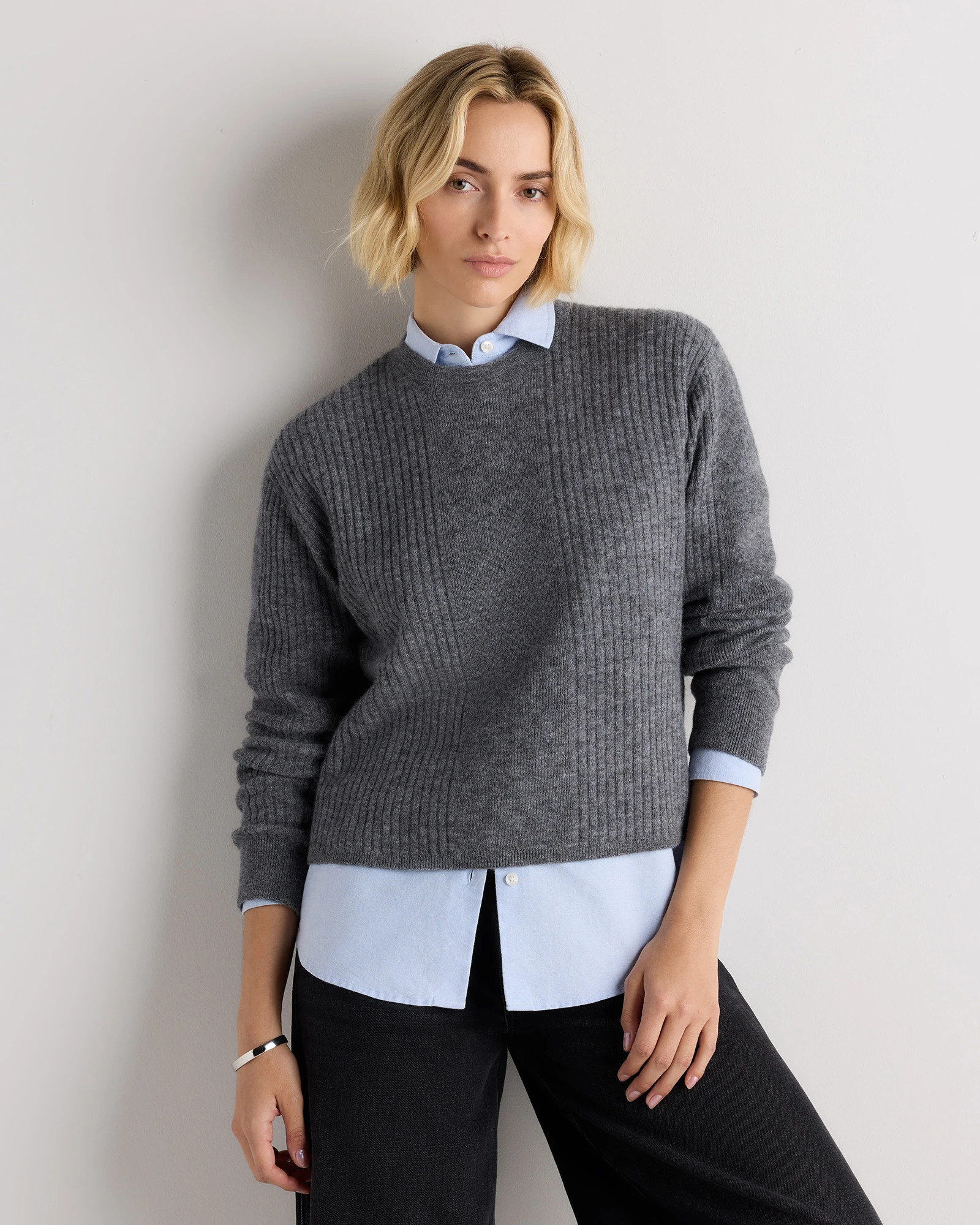 Quince | Women's Lightweight Baby Alpaca Ribbed Crewneck Sweater in Smoked Charcoal, Size Small | Quince