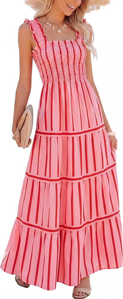 Caracilia Womens Summer Maxi Dresses Floral Smocked Sleeveless Ruffle Boho Casual Flowy Aline Bea... | Amazon (US)