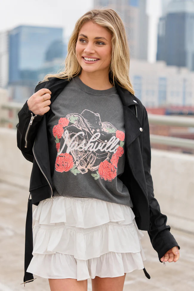 Nashville Vintage Rose Dark Grey Graphic Tee | Pink Lily