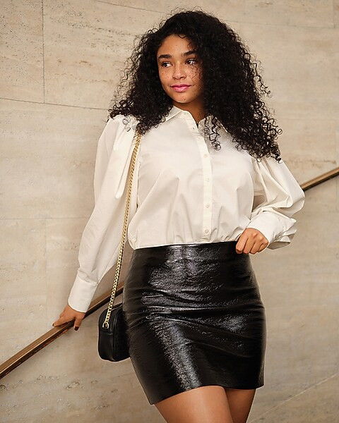 High Waisted Faux Patent Leather Mini Skirt | Express