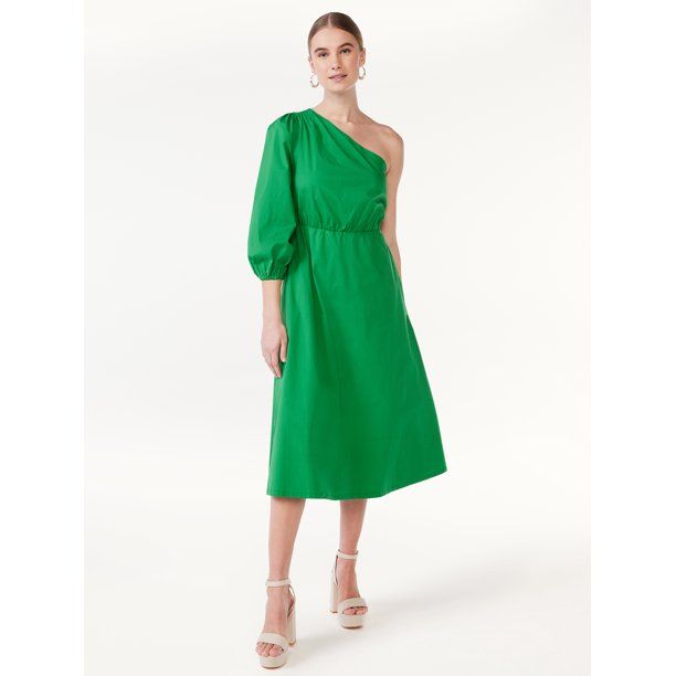 Scoop Women's One Shoulder Poplin Midi Dress, Sizes XS-XXL | Walmart (US)