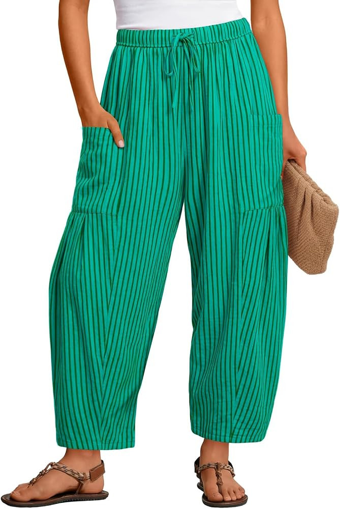 Striped Linen Pants Women Baggy Casual Barrel Leg Pants Pinstripe Elastic Waist Wide Leg Trousers... | Amazon (US)