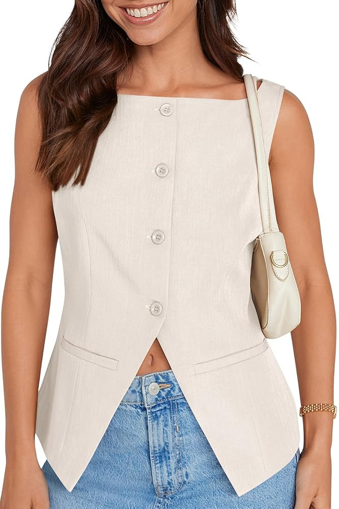 UEU Womens Vest Top 4 Button Sleeveless Boat Neck Fully Lined 2025 Trendy Dressy Business Work Bl... | Amazon (US)