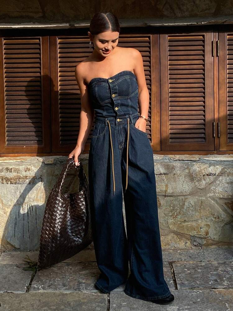 Livesso Women's Loose Casual Denim Jumpsuit With Pockets & Adjustable Straps | SHEIN