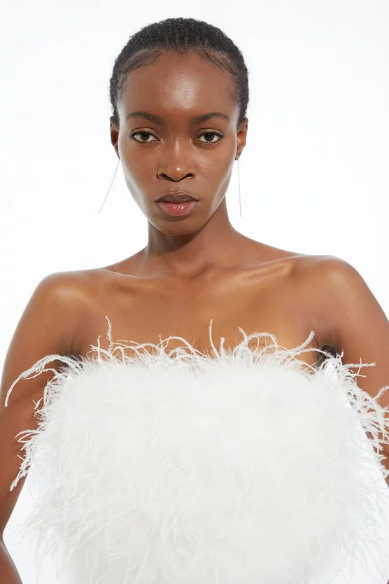 Figure Form Bandage Feather Detail Bandeau Knit Midi Dress | Karen Millen UK + IE + DE + NL