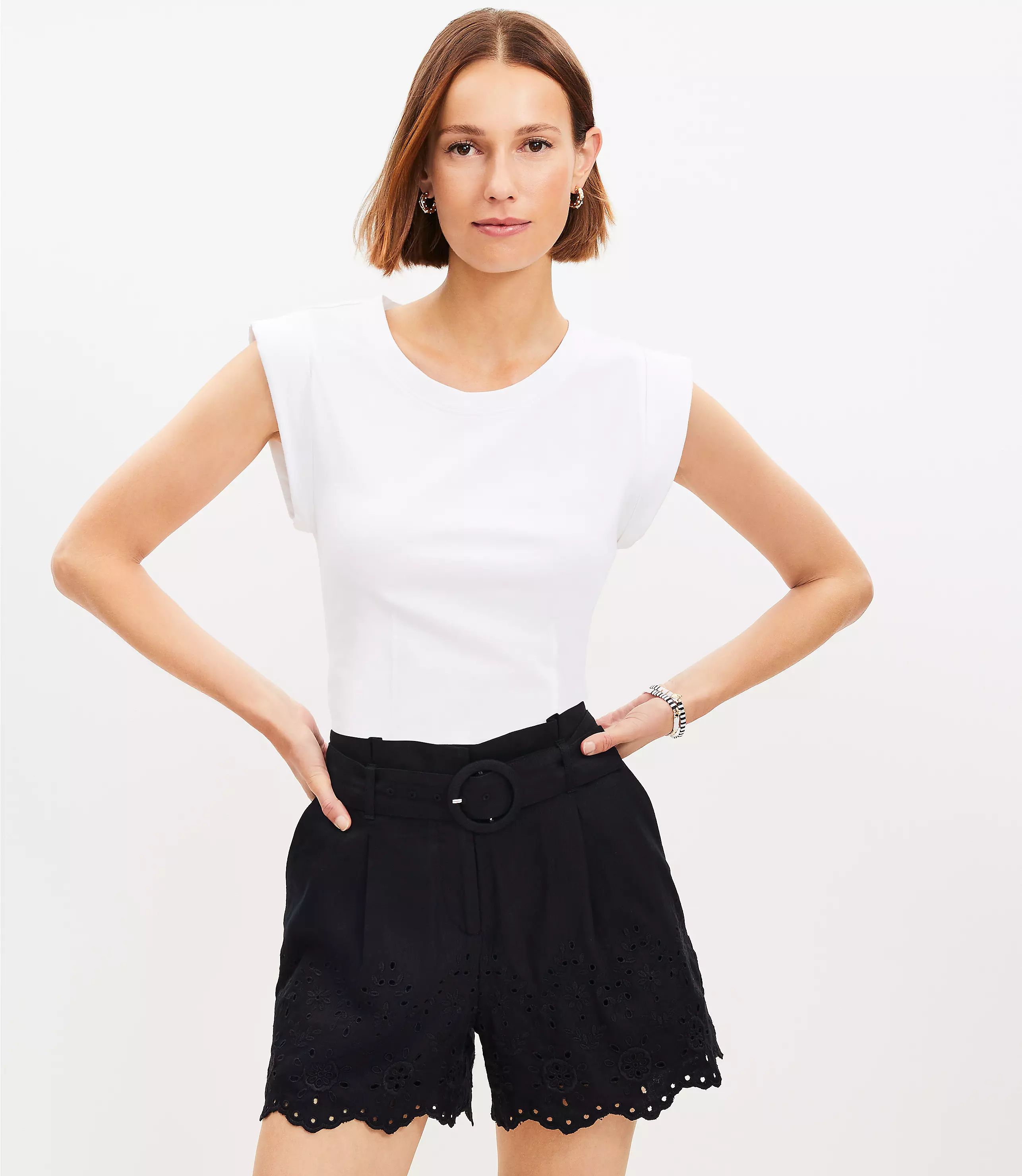 Belted Pleated Shorts in Eyelet Linen Blend | LOFT