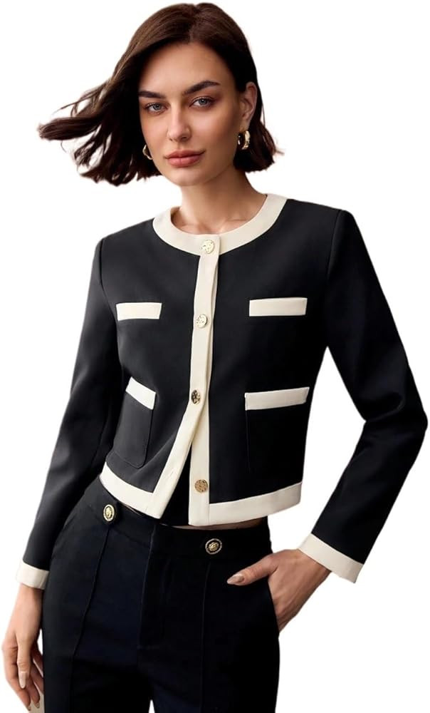 Women's jackets coats Elegant spring/autumn round neckline jacket, contrasting trim, and button-d... | Amazon (US)