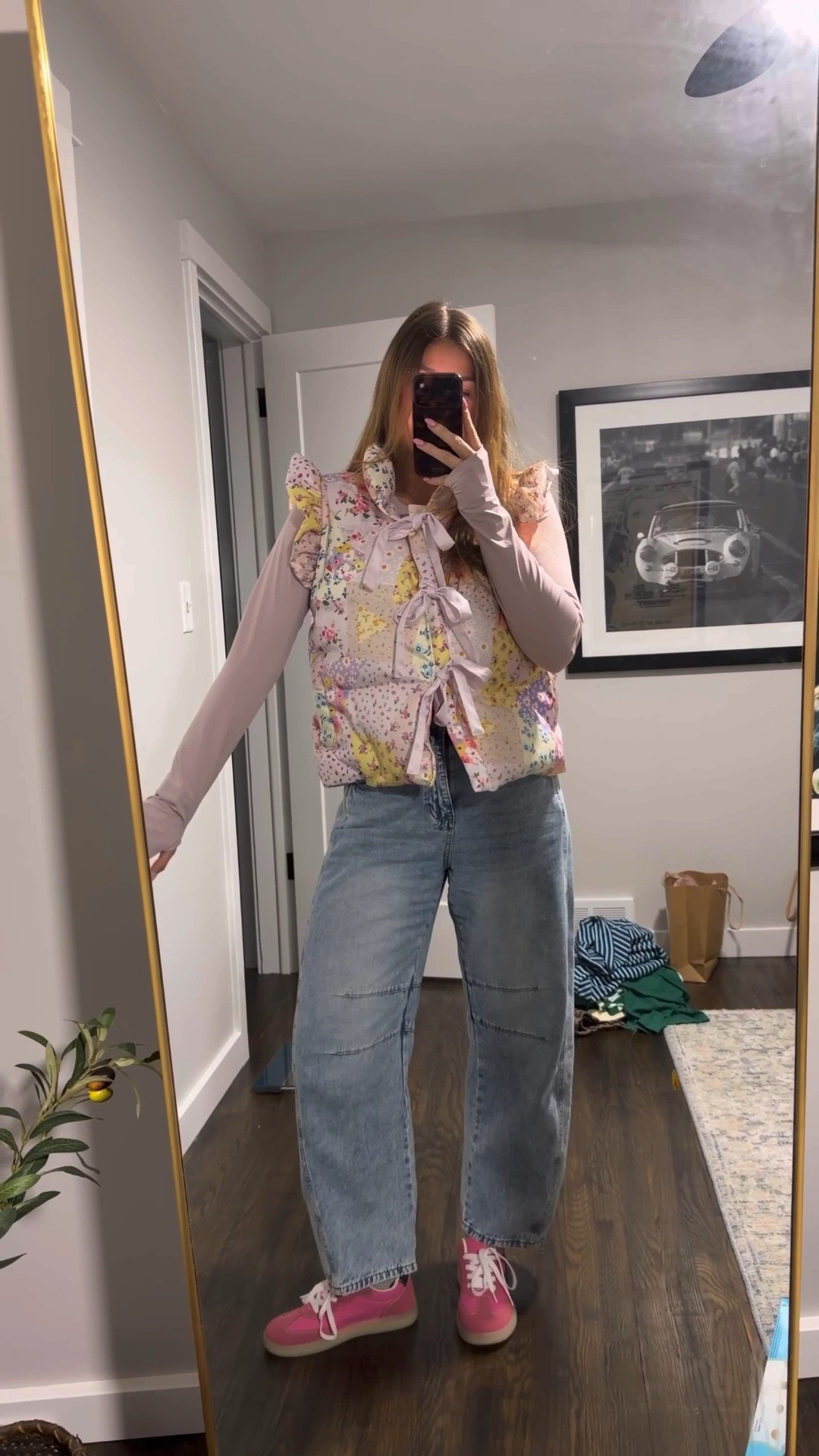 today’s outfit! vest is so fun and springy! size down one in vest if in between. pink sneakers fit true to size. barrel jeans fit true to size 

#LTKSeasonal #LTKSpringSale #LTKootd