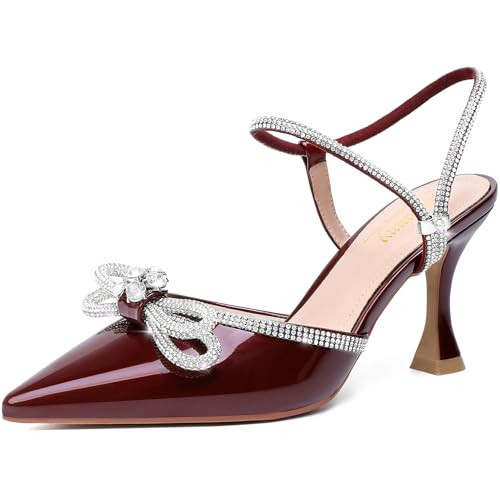 Susanny Women's Burgundy Bow Heels Wedding Sparkly Closed Toe Shoes Strappy Dressy High Heels Sexy Rhinestone Ankle Strap Pumps Bridal Party Dress Shoes 9.5 | Amazon (US)