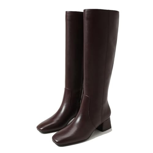 MICIFA Knee High Boots Women Chunky Heel Square Toe Leather Tall Boot for Women Low Heel Side Zipper Long Shoes Brown | Amazon (US)