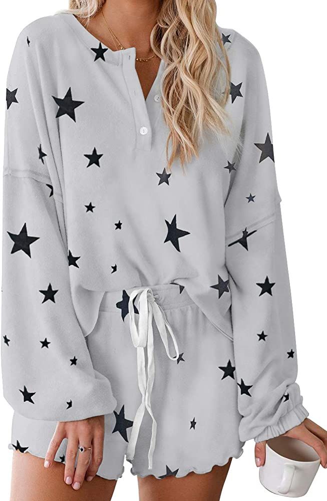 CANIKAT Womens Tie Dye Printed Shorts Pajama Set Long Sleeve Tops Sleepwear Nightwear Loungewear ... | Amazon (US)