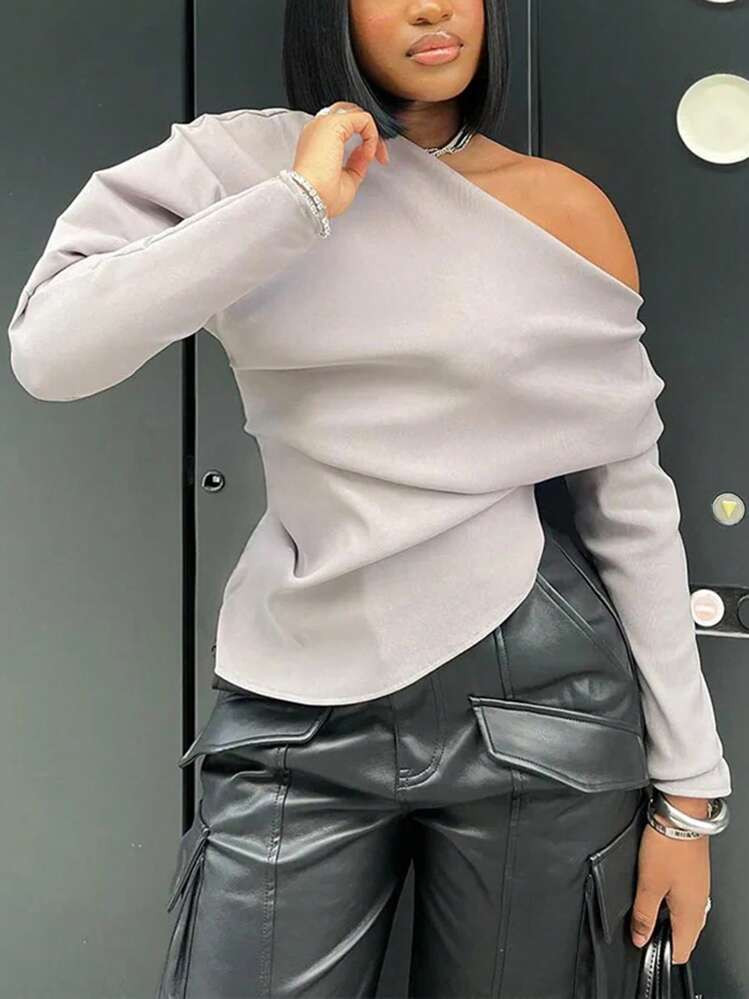 INAWLY Solva Women's Solid Color Asymmetric Neck Long Sleeve Ruched Fashion T-Shirt | SHEIN