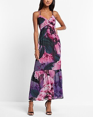 Floral Print V-Neck Strappy Tiered Ruffle Maxi Dress | Express