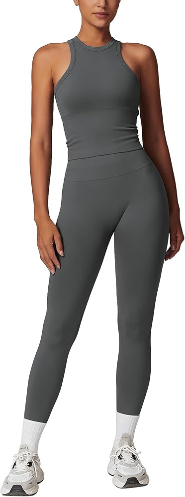 Womens Workout Sets Two Piece Racer-back Tank Top Matching High Waist Leggings Sets Gym Outfits W... | Amazon (US)