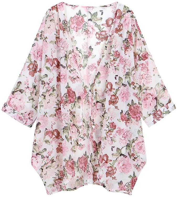 OLRAIN Women's Floral Print Sheer Chiffon Loose Kimono Cardigan Capes | Amazon (US)