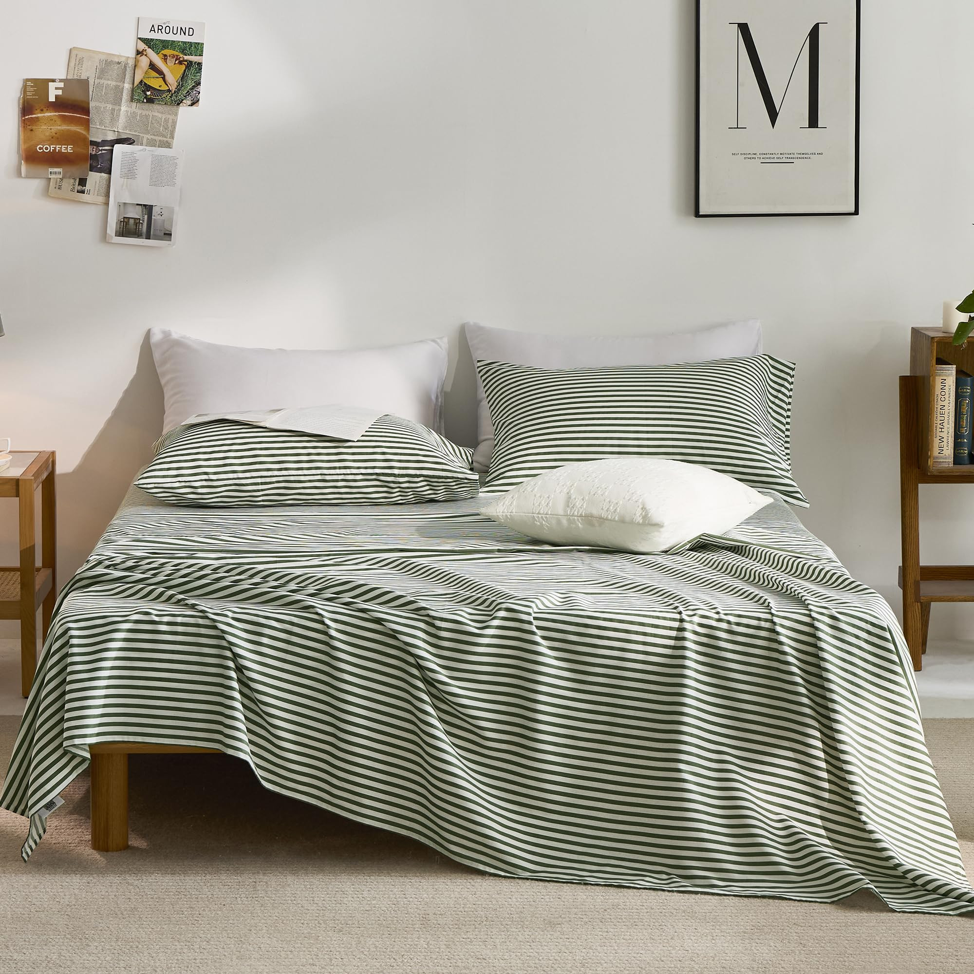 JELLYMONI 100% Cotton Bed Sheets Set – Green and White Stripes, Queen Size, Soft Bedding with D... | Amazon (US)