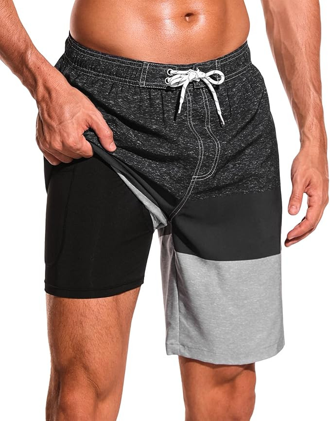 SILKWORLD Mens Swim Trunks with Compression Liner 9" Beach Board Shorts Men 2 in 1 Quick Dry Bath... | Amazon (US)