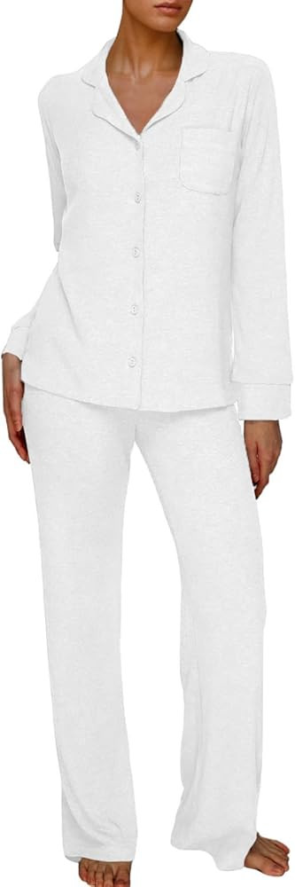 AnotherChill Women's Pajamas Set Long Sleeve Button Down Ribbed Knit 2 Piece Sleep Sets Loungewea... | Amazon (US)