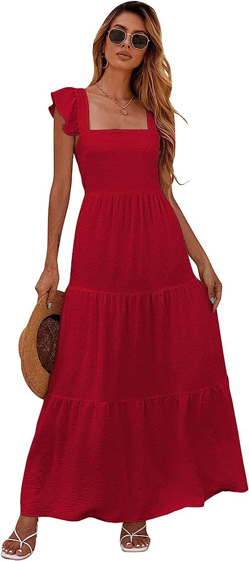 Floerns Women's Square Neck Ruffle Sleeve Backless Tie Back A Line Maxi Dress | Amazon (US)