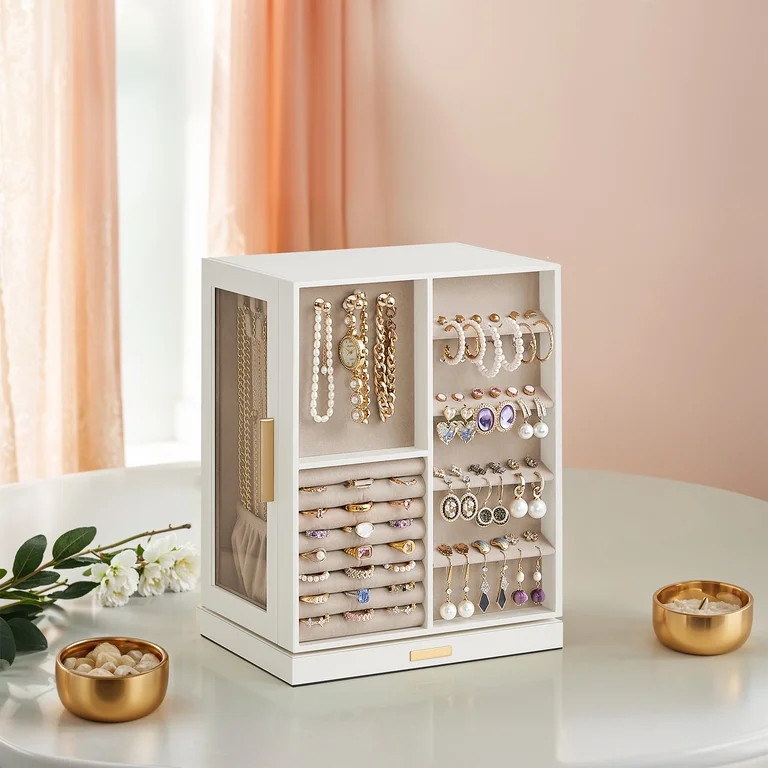 360° Rotating Jewelry Box with Glass Window, 5 Drawers Jewelry Storage Case Accessory Organizer,... | Walmart (US)