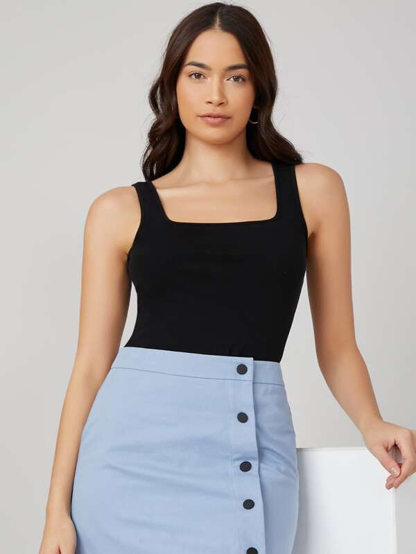 SHEIN BASICS Square Neck Solid Tank Top
   SKU: swvest07201212838      
          (9999+ Reviews)... | SHEIN