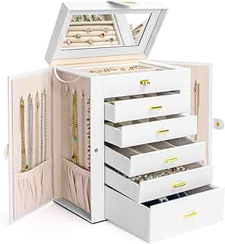 AKOZLIN Large Jewelry Box Organizer Functional Lockable with Big Mirror, Leather Jewelry Storage ... | Amazon (US)