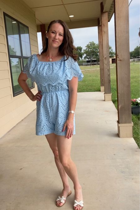 The perfect summer vacation, beach, or lake outfit! Eyelet romper - fits true to size. Pullover style. July Fourth outfit, Fourth of July. 

#LTKunder50 #LTKFind #LTKstyletip