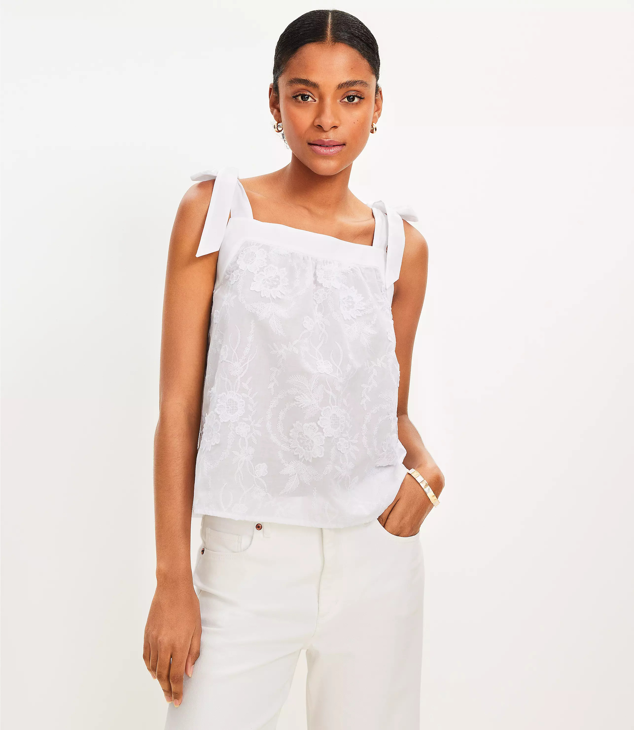 Embroidered Tie Strap Tank Top | LOFT