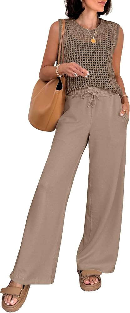 ANRABESS Women 2 Piece Summer Outfits 2026 Crochet Sweater Vest Wide Leg Pants Lounge Matching Se... | Amazon (US)