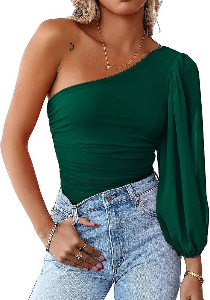 MASCOMODA Womens Fashion 2024 Spring Mesh Long Sleeve One Shoulder Tops Solid Stretch Ruched Lant... | Amazon (US)