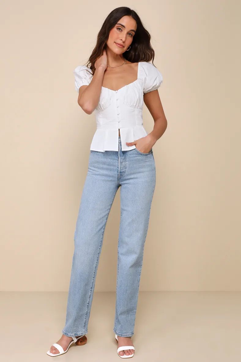 Admirable Poise White Button-Up Puff Sleeve Peplum Top | Lulus