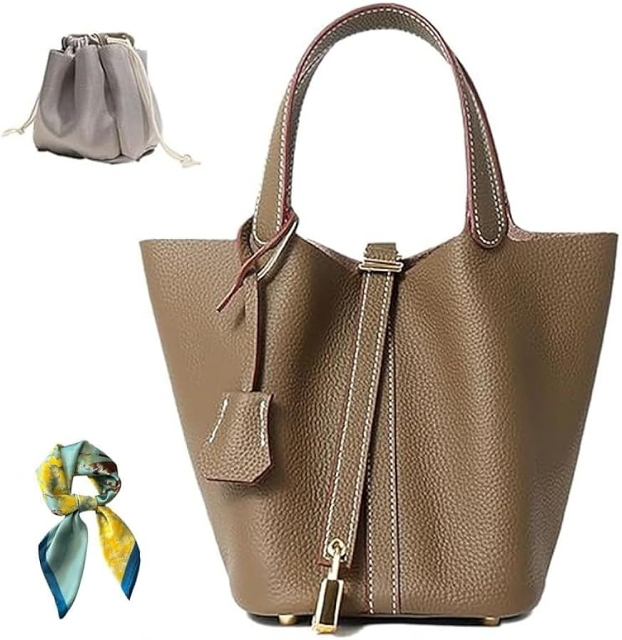 Genuine Leather Bucket Bag for Women: Lock Design Shoulder Handbag Versatile Top-Handle Tote Fash... | Amazon (US)