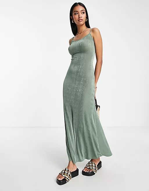 ASOS DESIGN slinky strappy maxi dress with low back in olive green | ASOS (Global)