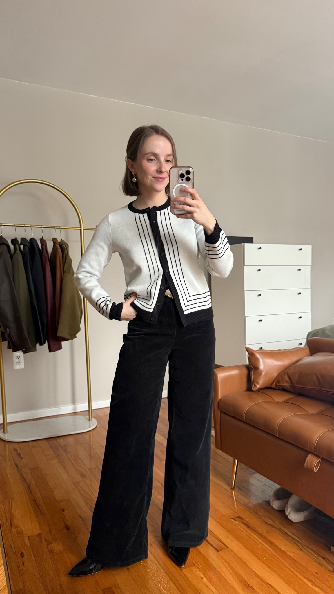 Workwear look!
40% off stripe cardigan 
Small short wide leg corduroy pants Spanx + 15% off w/ TWOSCOOPSXSPANX


#LTKSaleAlert #LTKWorkwear #LTKPetite
