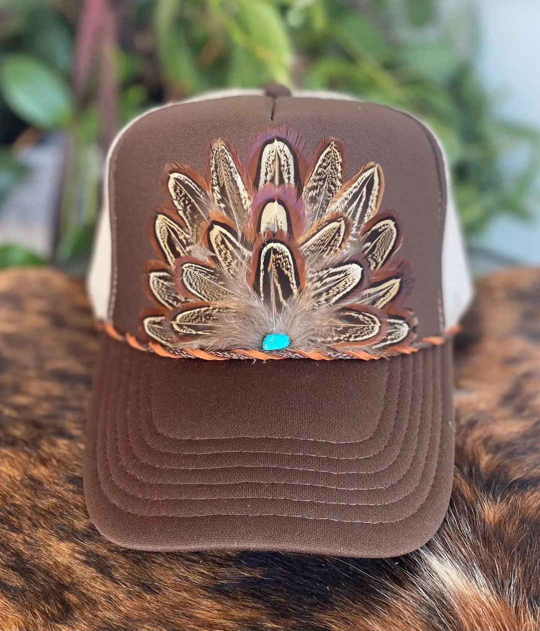 Feather Trucker Hat in Brown and Khaki, Cowgirl Trucker Hat, Rodeo, Western Trucker Hat, Boho - E... | Etsy (US)