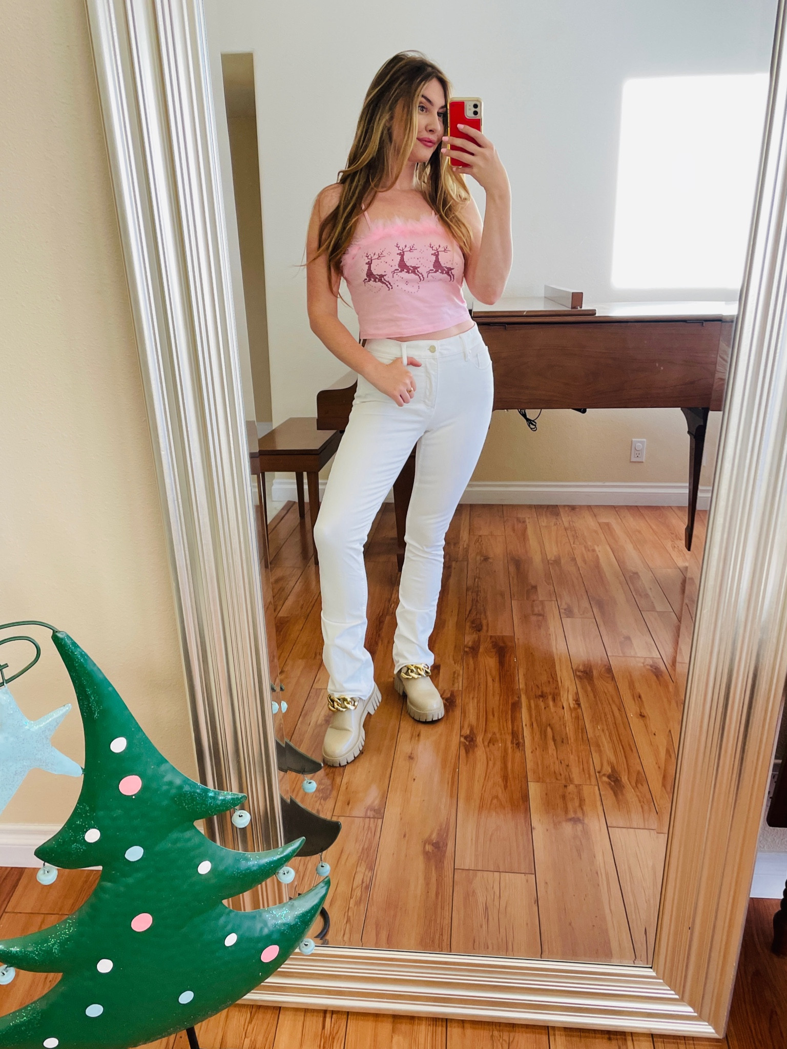 Tons of super cute Christmas sweaters and tops on the blog! 💕Wearing a size 4 in these boot cut jeans from White House Black Market! Lots of stretch. Boots are Glamify Fashion but also linked a similar pair. 

#LTKstyletip #LTKHoliday #LTKSeasonal