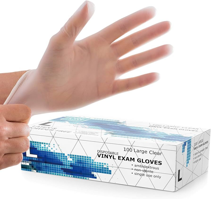Powder Free Disposable Gloves Large -100 Pack -Clear Vinyl Medical Exam Gloves | Amazon (US)