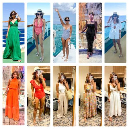 Recent cruise vacation outfit: what I wore. I’m 5’2”.
Left to Right from the top:
1.Dress in small
2. One piece swimsuit in XS 
3. One piece swimsuit in XS
4. Dress: the outer see through part in small; inner bandeau dress part in XS
5.White linen set in small.
6. Dress in small
7. One piece swimsuit in small. XS would have fit better. 
8. Travel outfit: top in small; linen pants in small, sandals fit tts.
9. Dress in small.
10. White dress in small.
Straw hat is linked; and lace sandals I’m wearing with most of the dress fit tts. 
Vacation style, Amazon find, resort wear resort style, fashion over 40, petite fashion.

#LTKtravel #LTKfindsunder50 #LTKswim
