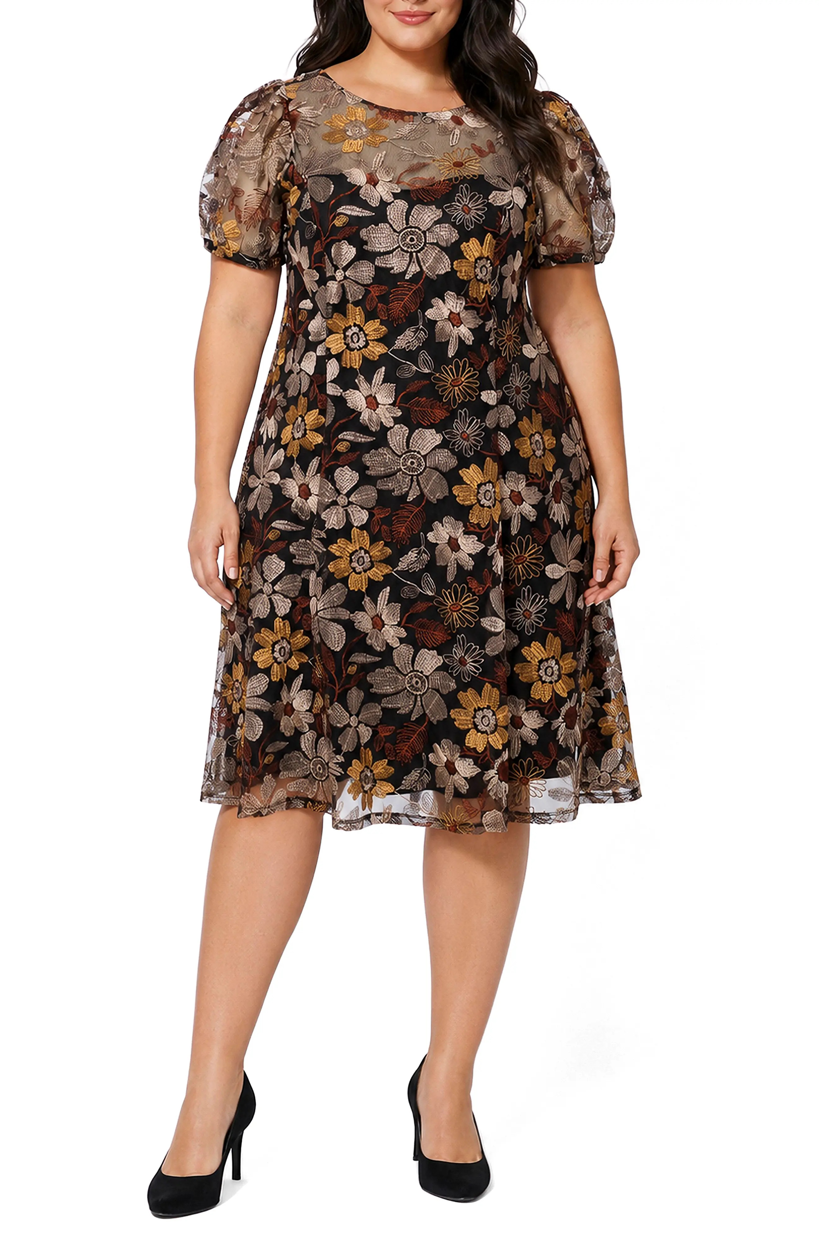 Oleg Cassini Embroidered Puff Sleeve Fit & Flare Dress in Gold Chocolate at Nordstrom Rack, Size 1X | Nordstrom Rack