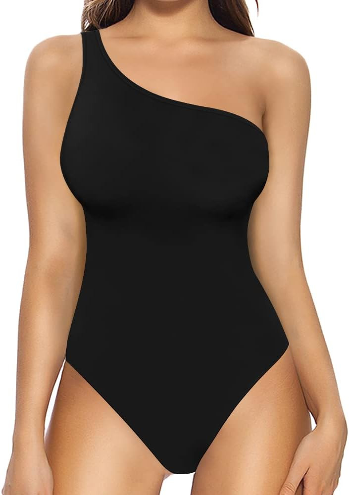 MANGOPOP Women's One Shoulder Off Sleeveless Tank Top Bodysuit Jumpsuits | Amazon (US)