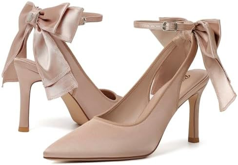 RIBONGZ Heels for Womens Bow Heels with Strappy Wedding Satin Shoes for Bride Closed Pointed Toe ... | Amazon (US)