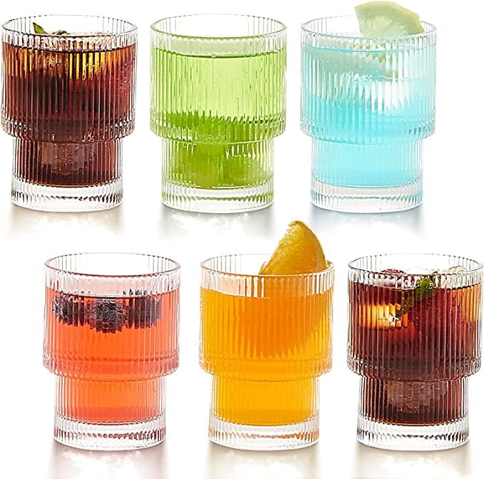 6 Pack 6oz Drinking Glasses Origami Style Set of Glass Cups, 6 Rocks Glasses, Elegant Ripple Vint... | Amazon (US)
