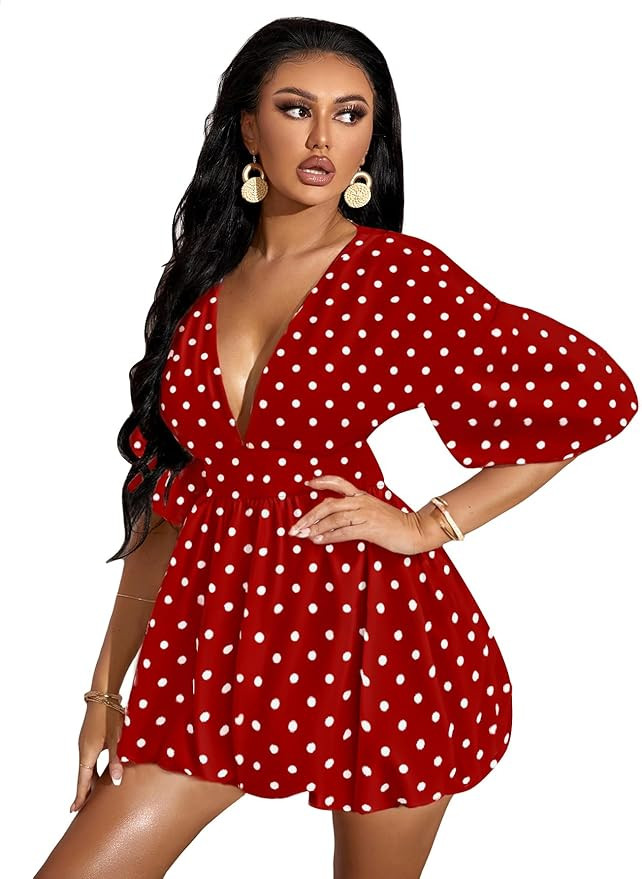 WDIRARA Women's Deep V Neck Puff Sleeve High Rise Flare Dress Elastic Waist Dress | Amazon (US)