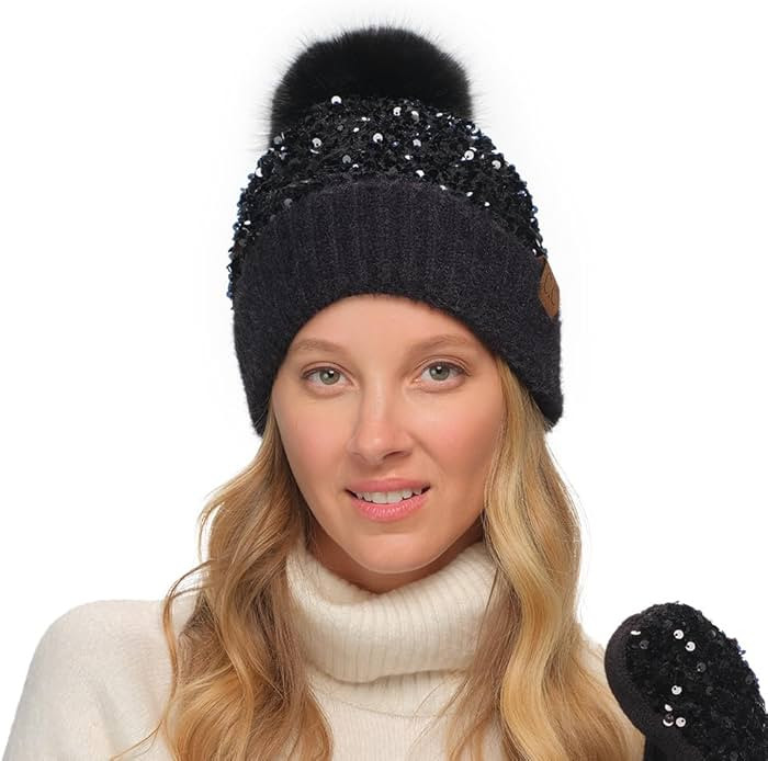 C.C Sequin Pom Beanie for Women - Acrylic Stretchable Soft Warm Knit Winter Skully Hat with Yarn ... | Amazon (US)