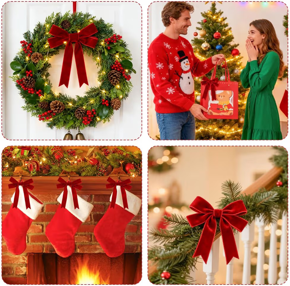 Tenn Well 24pcs Velvet Bows for Christmas Tree, Red Christmas Bow Garland with Gold Twist Ties fo... | Amazon (US)