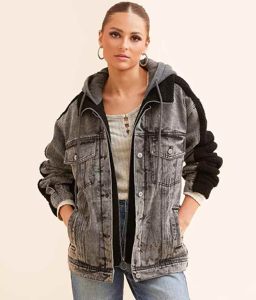 Pieced Sherpa Denim Hooded Jacket | Buckle