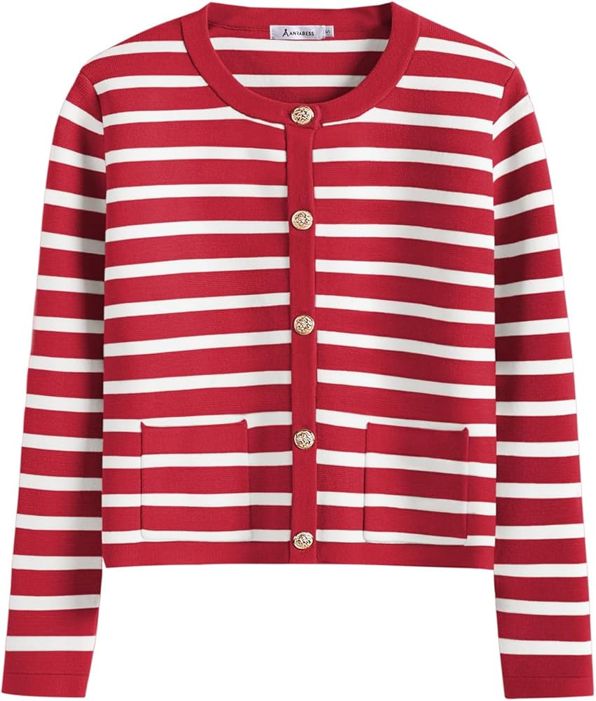 ANRABESS Cardigan Sweaters for Women 2023 Fall Long Sleeve Cropped Striped Knitted Jackets with P... | Amazon (US)