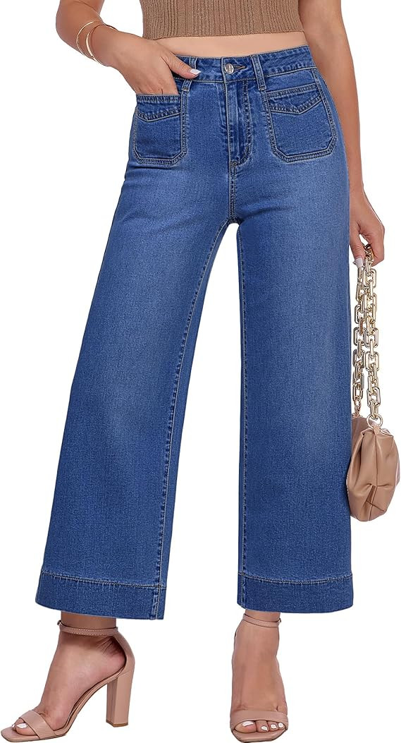 GRAPENT Cropped Jeans for Women Trendy 2026 Wide Leg High Waisted Patch Pocket Stretchy Denim Pan... | Amazon (US)