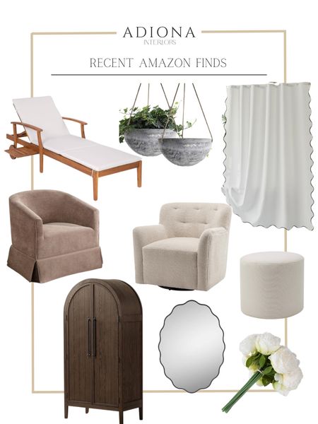 Recent Amazon finds 

Outdoor lounger, hanging planter, scalloped shower curtain, accent chair, foot stool, ottoman, cabinet, scalloped mirror, faux stems, faux peonies stems

#LTKHome #LTKSaleAlert #LTKSeasonal